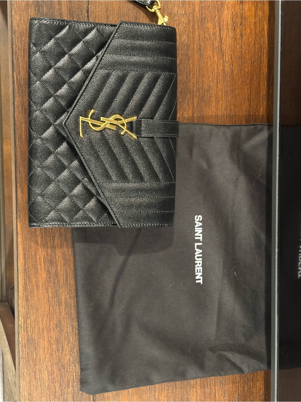 Saint Laurent Black Quilted Envelope Wallet with Gold YSL Hardware